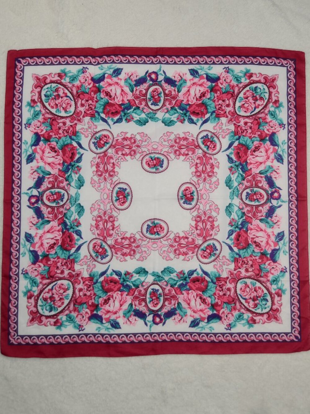 Vintage Rose Cameo square scarf with baroque patterns